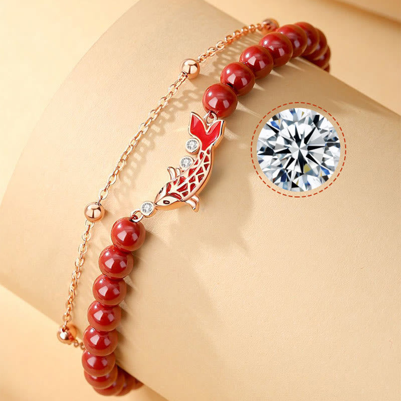 Bransoletka z podwójnym łańcuszkiem Buddha Stones 925 Sterling Silver Lucky Koi Fish Cinnabar Zircon Prosperity