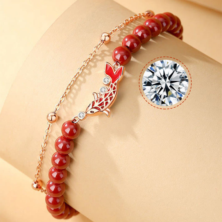Bransoletka z podwójnym łańcuszkiem Buddha Stones 925 Sterling Silver Lucky Koi Fish Cinnabar Zircon Prosperity