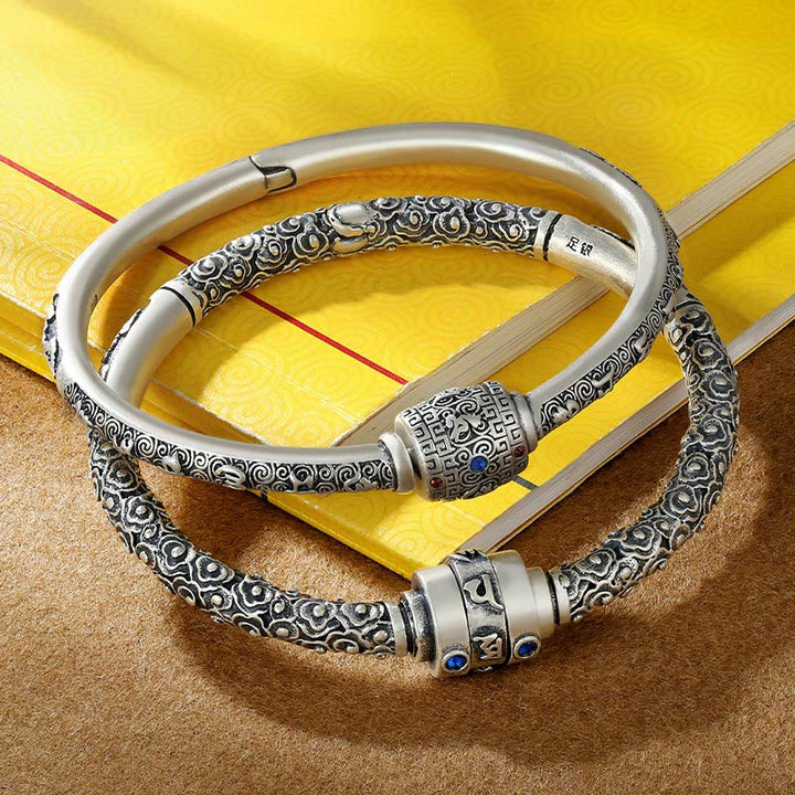 Buddha Stones 990 Srebro Sterling Tybetańskie Pomyślne Chmury Om Mani Padme Hum Grawerowana Bransoletka Kreatywności Bangle