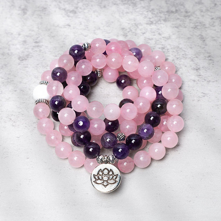 Bransoletka z Buddha Stones z naturalnego różowego kwarcu i ametystu Mala z koralikami w kształcie lotosu