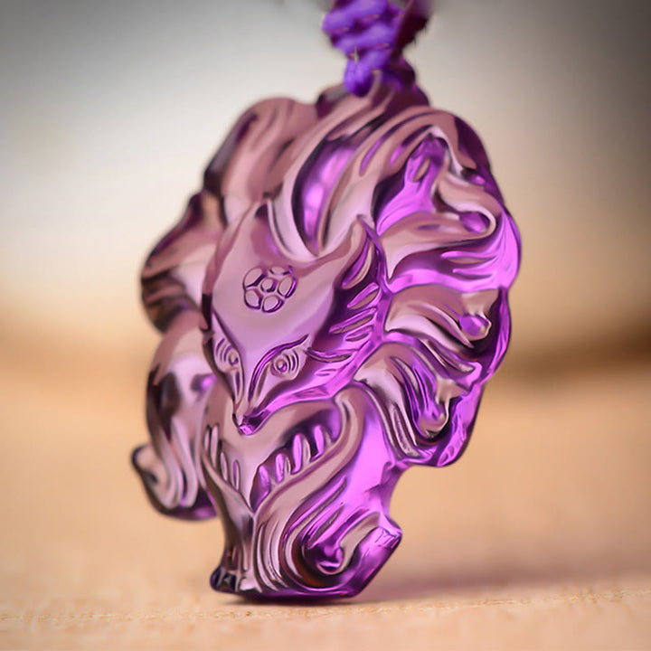 Buddha Stones Naturalny Ametyst Biały Kryształ Cytryn Dziewięcioogonowy Lis Szczęście Naszyjnik Wisiorek