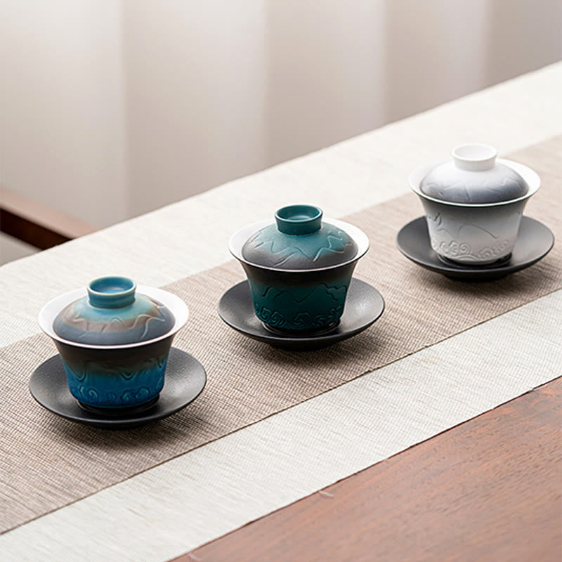 Buddha Stones Retro Niebieski Ocean Fale Morskie Gradient Ceramiczny Gaiwan Sancai Filiżanka Kung Fu Filiżanka I Spodek Z Pokrywką