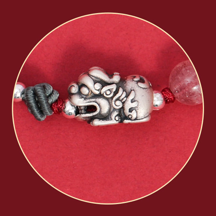 Buddha Stones 999 Srebro Sterlingowe PiXiu Koralik Kwarcowy Truskawkowy Bogactwo Szczęście Bransoletka Pleciona