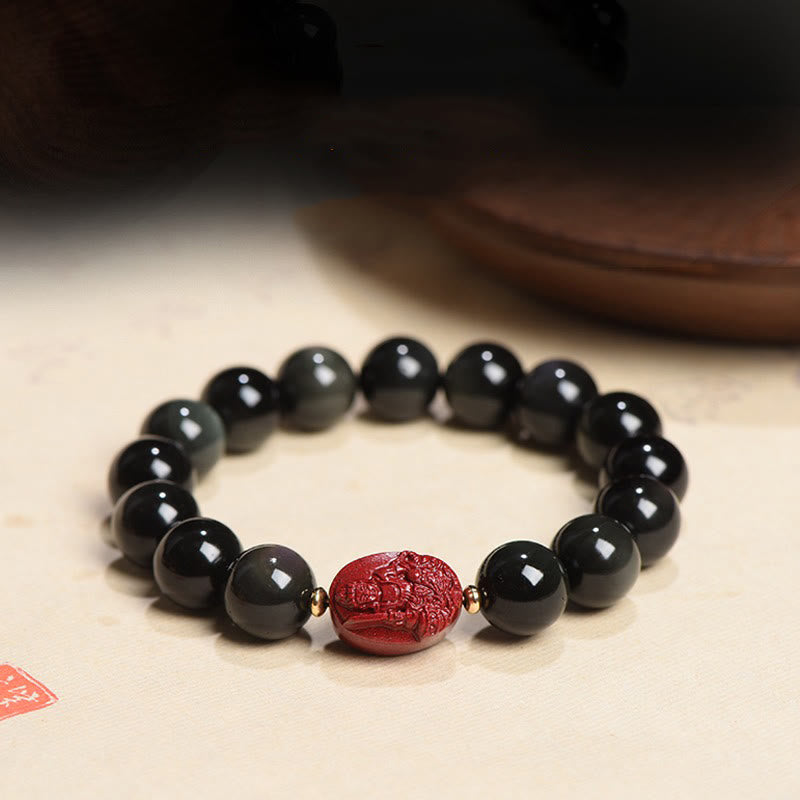 Buddha Stones Chiński Zodiak Natal Budda Naturalny Czarny Obsydian Cynober Oczyszczająca Bransoletka