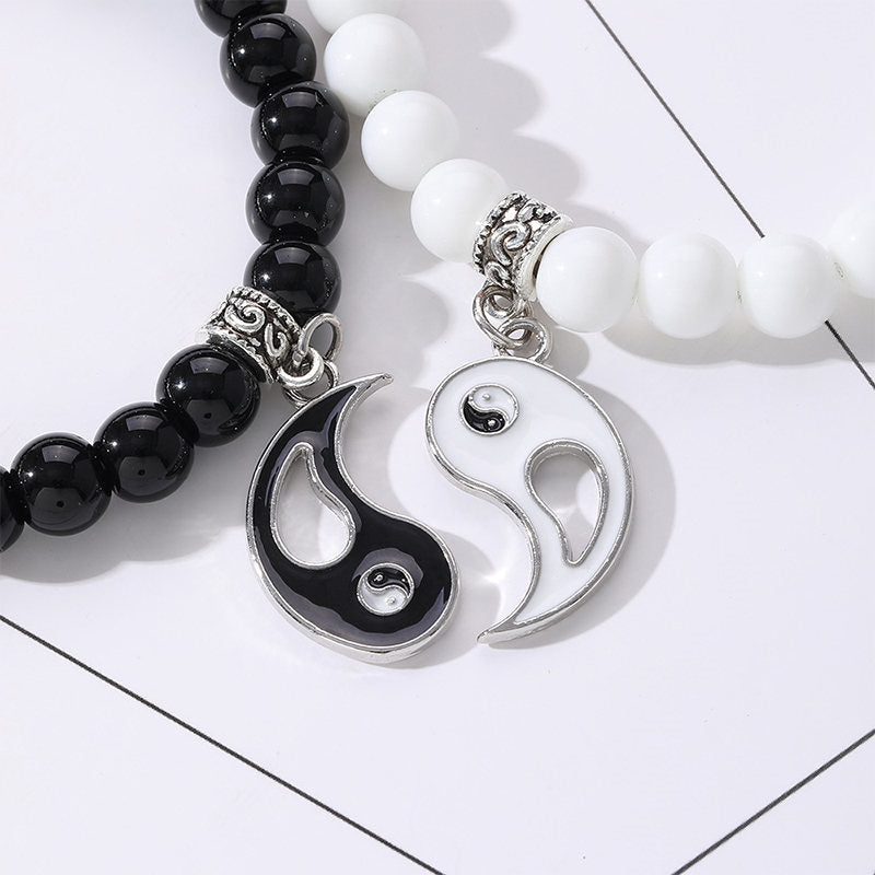 Buddha Stones 2szt. Czarny Onyks Biały Turkus Koralik Yin Yang Ochrona Para Bransoletka