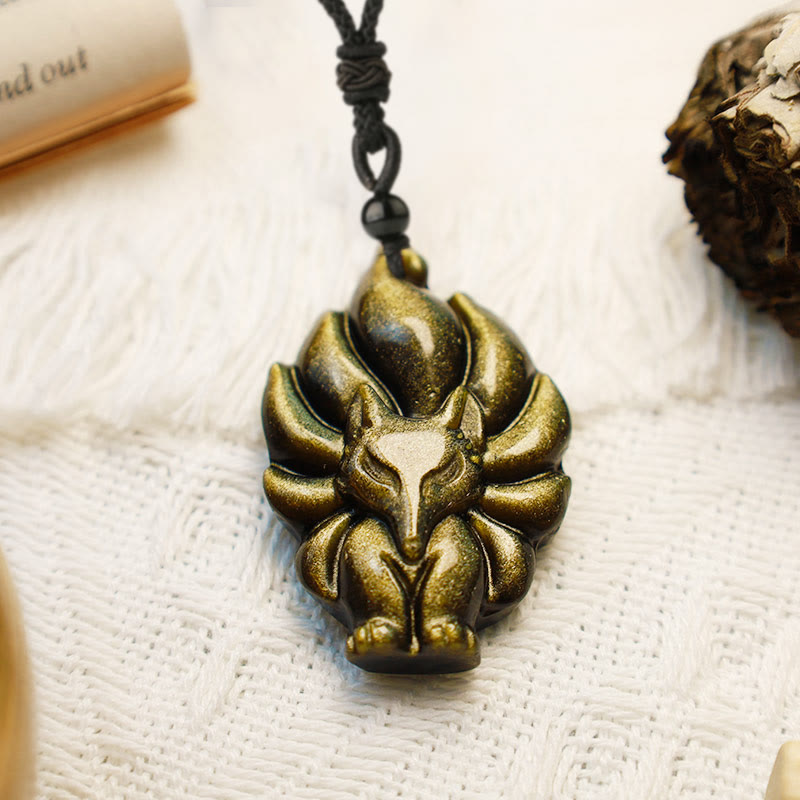 Buddha Stones Naturalny Fluoryt Złoty Połysk Obsydian Lis Wisiorek Ochrona Naszyjnik