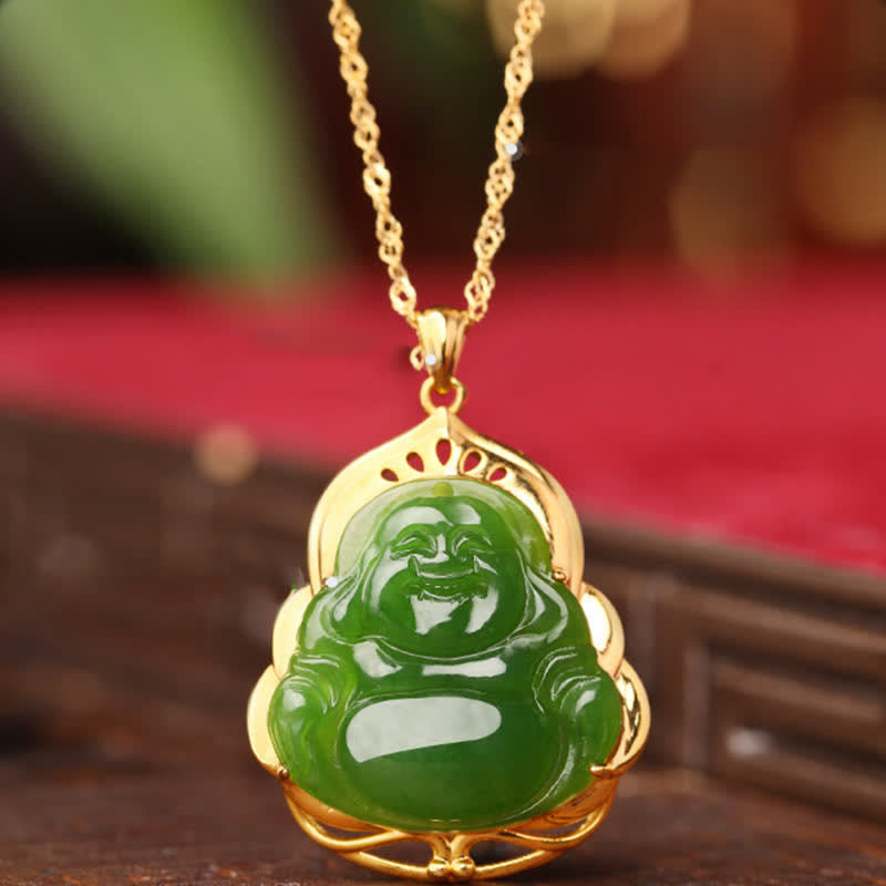 925 Srebro Sterling Naturalny Hetian Cyan Jade Śmiejący się Budda 18K Złoty Naszyjnik Uzdrawiający Łańcuszek Wisiorek - Hetian Cyan Jade (Sukces ♥ Uzdrawianie) - image 1