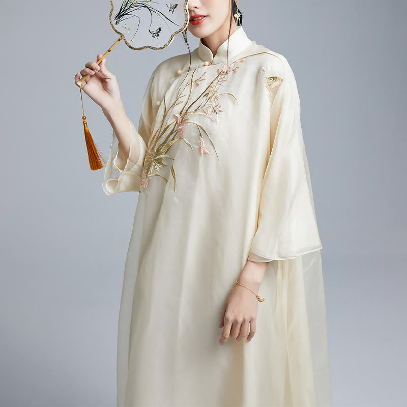 Buddha Stones 100% jedwab morwowy 6 Momme Sukienka Vintage Flower Butterfly Haft Qipao Sukienka damska Cheongsam - image 1