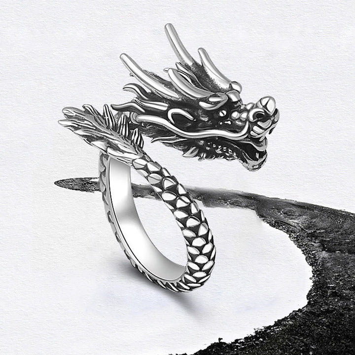 Buddha Stones 990 Srebro Sterlingowe Vintage Dragon Design Szczęście Ochrona Siła Regulowany Pierścień