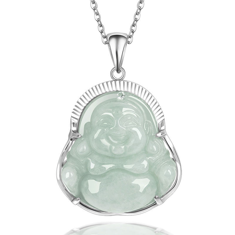 Buddha Stones 925 Srebro Sterlingowe Śmiejący się Budda Jadeit Szczęście Spokój Naszyjnik Łańcuszek Wisiorek - Jadeit - image 1