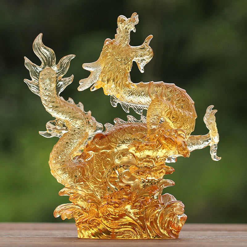 Buddha Stones Ręcznie Chińskie Zodiak Żółty Smok Liuli Kryształowe Dzieło Sztuki Szczęścia Ochrona Dekoracja Domu i Biura
