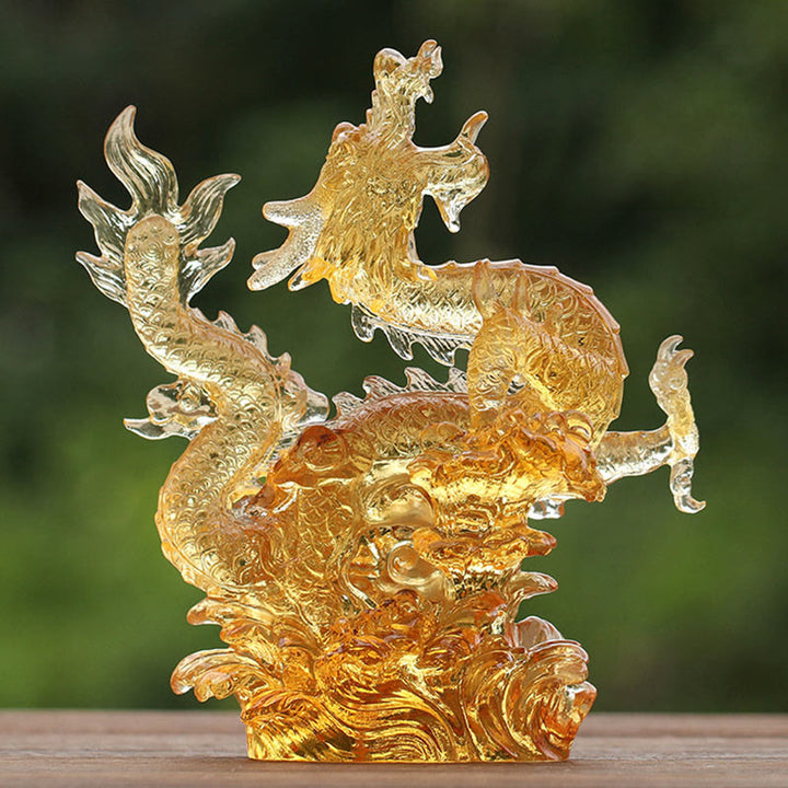 Buddha Stones Ręcznie Chińskie Zodiak Żółty Smok Liuli Kryształowe Dzieło Sztuki Szczęścia Ochrona Dekoracja Domu i Biura