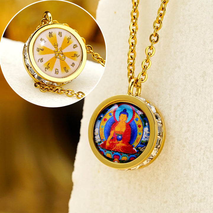 Buddha Stones Tybetański Żółty Bóg Bogactwa Zielona Tara Budda Spokój Naszyjnik Wisiorek Ze Stali Tytanowej - Mantra Buddy Siakjamuniego z przodu, z tyłu - image 15