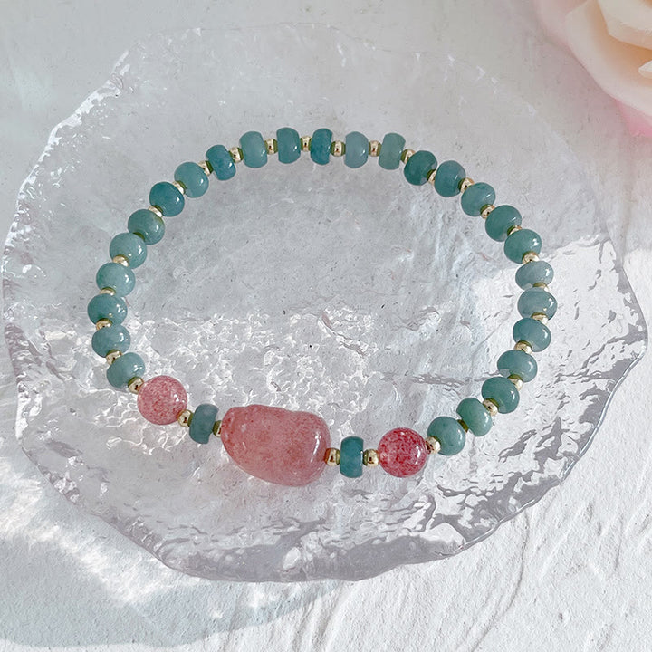 Buddha Stones Naturalne Hetian Jade Pearl Peace Buckle Fu Character Gourd Money Bag Truskawkowy Kwarc Bransoletka PiXiu Luck