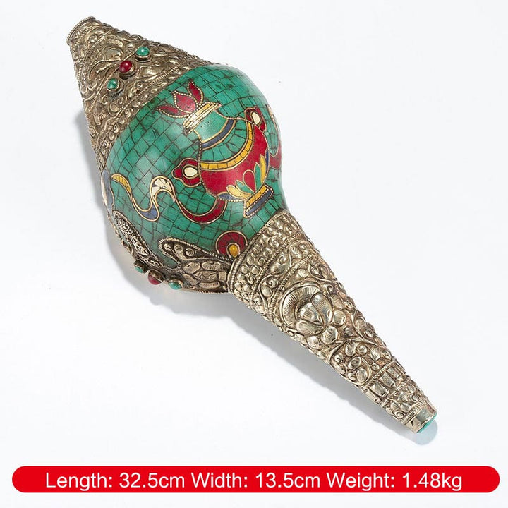 Tybetański ręcznie grawerowany Shankha Double Dorje Budda Conch Shell Wealth Pozytywna dekoracja - Wazon z ośmioma symbolami pomyślności 32,5*13,5 cm - image 13