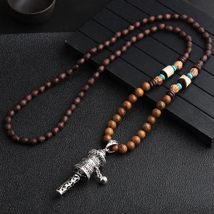 Buddha Stones Turkusowe Koraliki Dzi Koło Modlitewne Naszyjnik Medytacyjny Z Drewna Wenge - Srebrne Koło Modlitewne - image 7