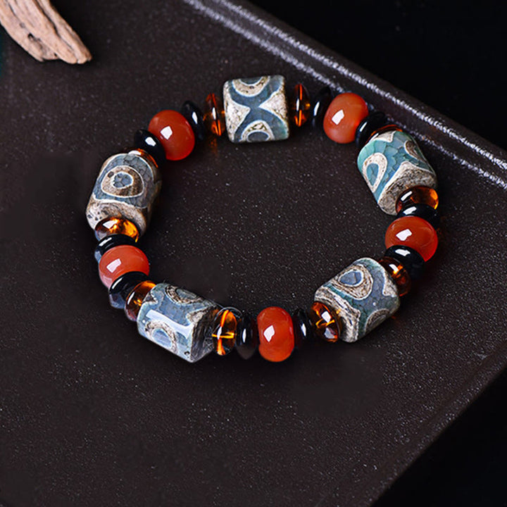 Buddha Stones Tybetańskie Trójoczne Dzi Koraliki Agat Ochrona Bransoletka Szczęścia