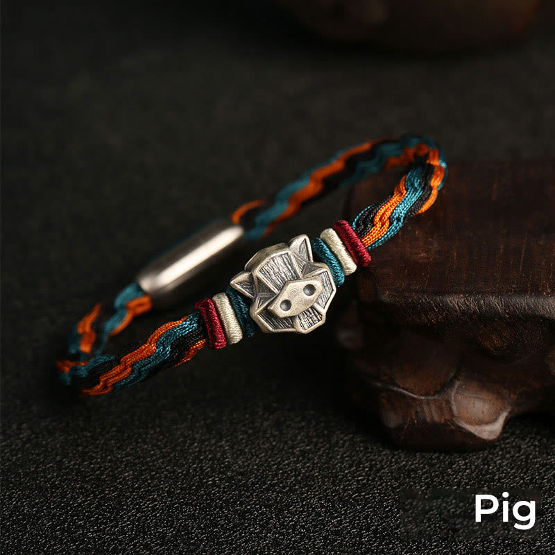 Buddha Stones Ręcznie robione 999 Srebro Sterling Rok Smoka Chiński Zodiaku Ochrona Kolorowa Reinkarnacja Węzeł Liny Bransoletka