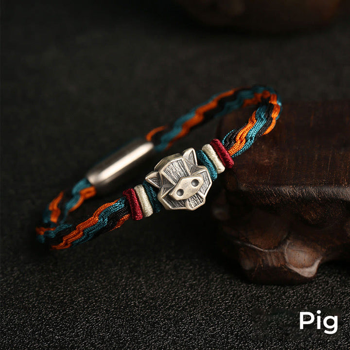 Buddha Stones Ręcznie robione 999 Srebro Sterling Rok Smoka Chiński Zodiaku Ochrona Kolorowa Reinkarnacja Węzeł Liny Bransoletka