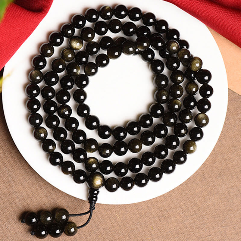 Buddha Stones 108 Mala Beads Naturalny Złoty Połysk Obsydian Bransoletka Bogactwa