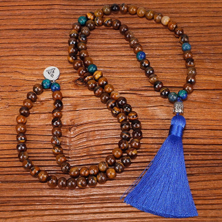 Buddha Stones 108 Mala Koraliki Tygrysie Oko Budda Siła Bransoletka Naszyjnik Wisiorek