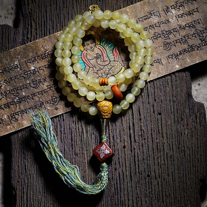 Buddha Stones 108 Mala Koraliki Tybetański Owczy Róg Bursztyn Bransoletka Szczęścia