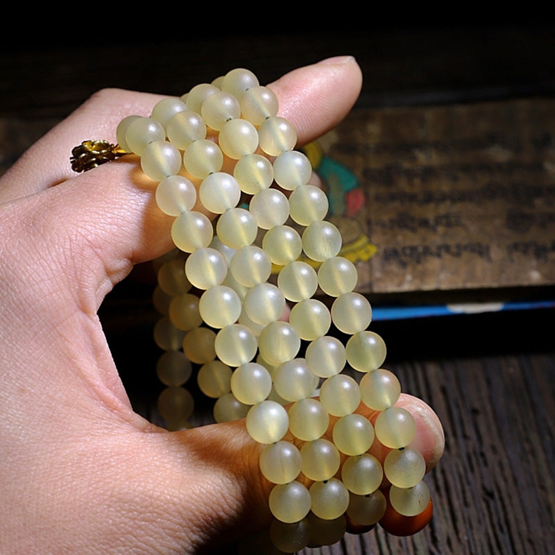 Buddha Stones 108 Mala Koraliki Tybetański Owczy Róg Bursztyn Bransoletka Szczęścia