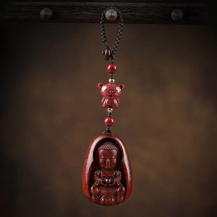 Buddha Stones Mały liść Czerwony Sandałowiec Budda Cynober Chiński Zodiak Amulet Ochrona Brelok