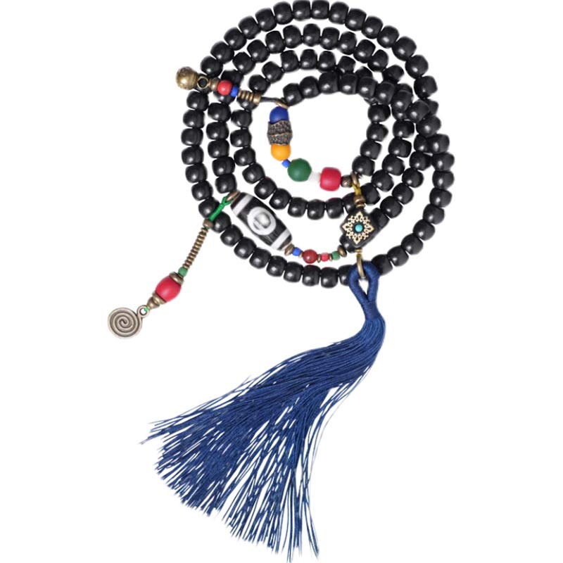 Buddha Stones 108 Koraliki Mala Ebony Drewno Dzi Koralik Miedź Równowaga Tassel Bransoletka