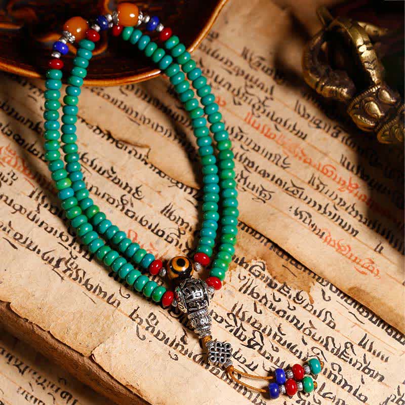 Buddha Stones 108 Mala Koraliki Tybetański Turkus Dzi Koraliki Ochrona Bransoletka