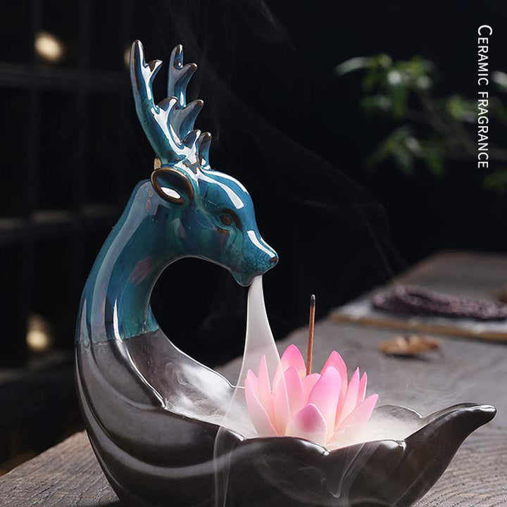 Buddha Stones Mały Jeleń Ceramiczny Lotos Medytacja Kadzielnica Dekoracja