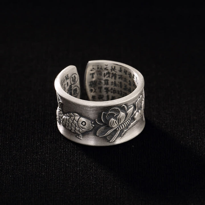 Buddha Stones 999 Srebro Sterlingowe Szczęście Koi Ryba Lotos Serce Sutra Pierścień Bogactwa