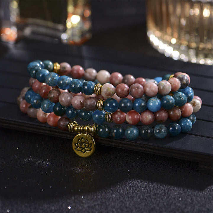 Buddha Stones Lazuryt Picasso Jaspis Amazonit Rodonit Apatyt Pozytywna Bransoletka z Koralików Modlitwy Lotosu