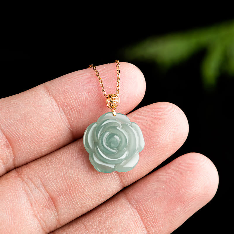 Buddha Stones 18K Złoto 925 Srebro Naturalny Jade Róża Szczęście Naszyjnik Wisiorek