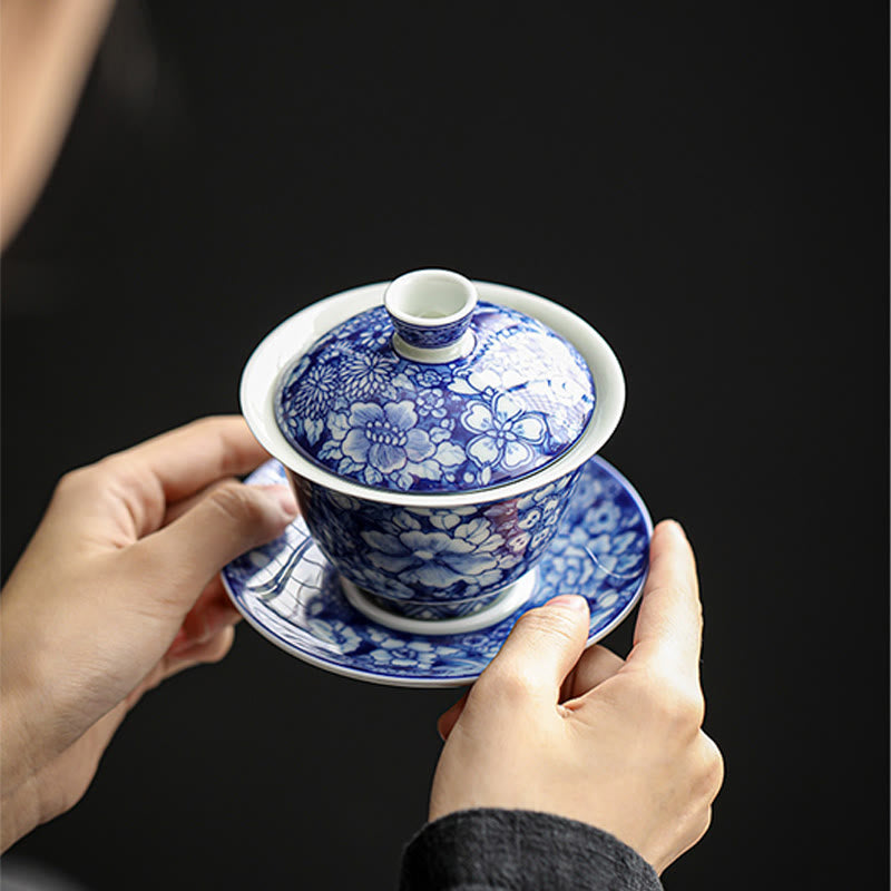 Buddha Stones Vintage Niebieski I Biały Porcelana Ceramiczna Gaiwan Sancai Filiżanka Kung Fu Filiżanka I Spodek Z Pokrywką