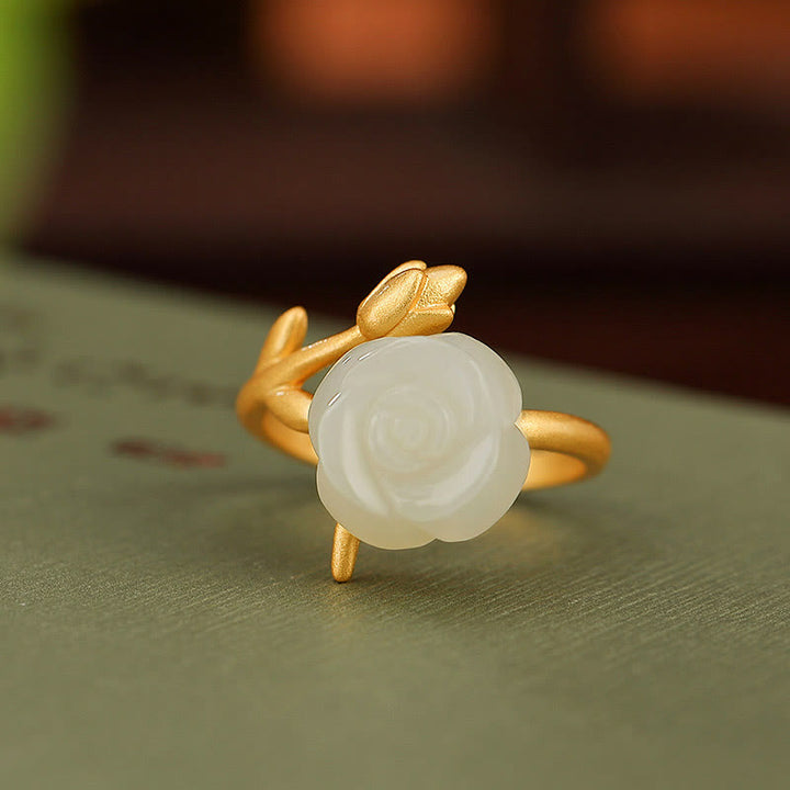Buddha Stones 925 Srebro Sterlingowe Pozłacane Róże Kwiat Hetian Biały Jade Pierścień Szczęścia