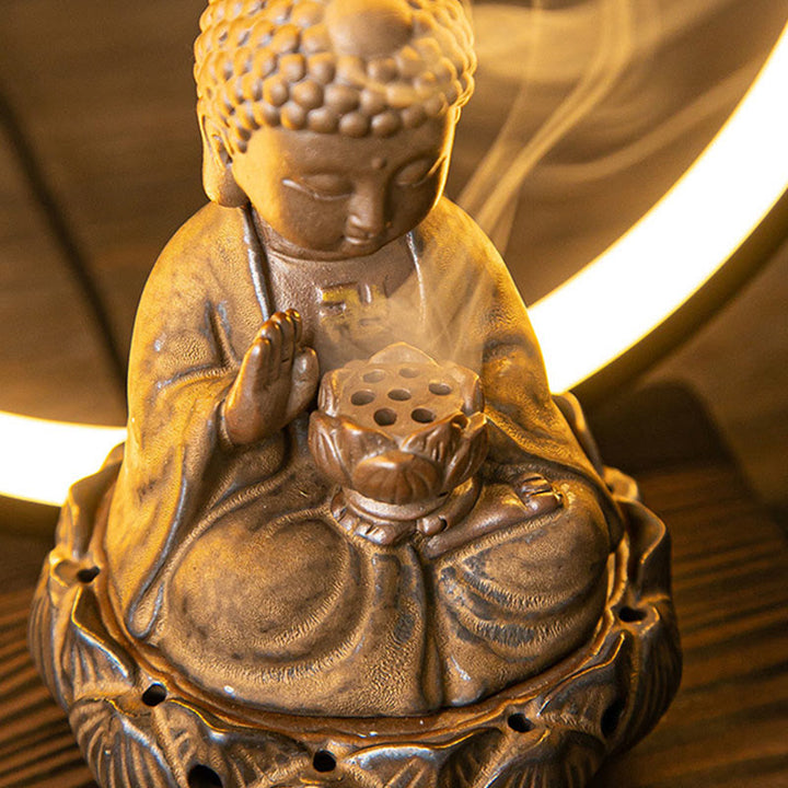 Buddha Stones Budda Lotos Cofający Dym Fontanna Ceramiczny Błogosławieństwo Kadzielnica Z Dekoracją Światła