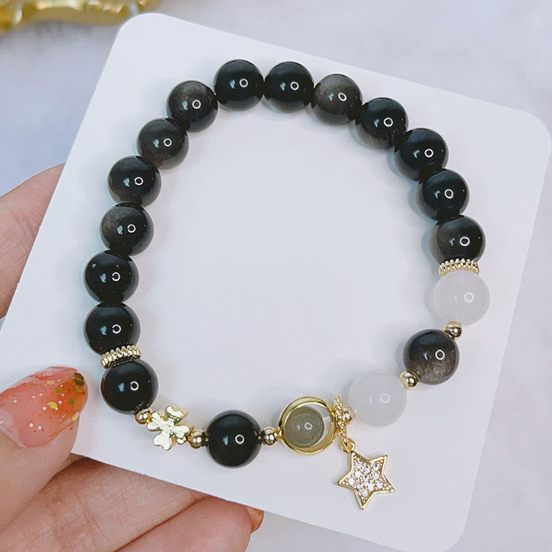 Bransoletka ochronna z Buddha Stones Naturalny srebrny połysk Obsydian Serce Gwiazda Kwiat