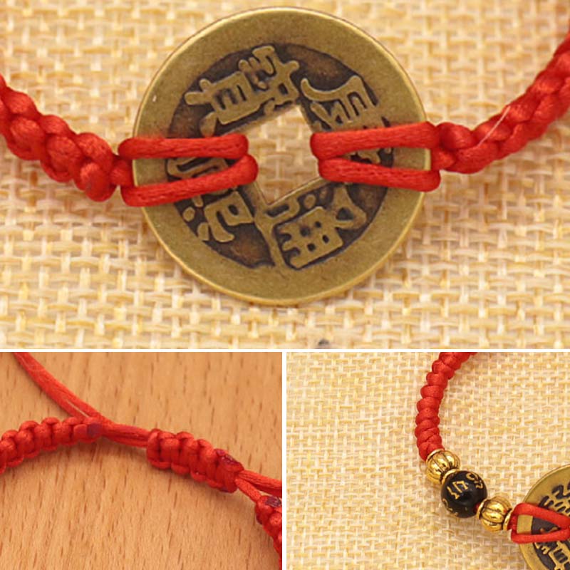 Bransoletka z czerwonego sznurka z miedzianymi monetami Buddha Stones
