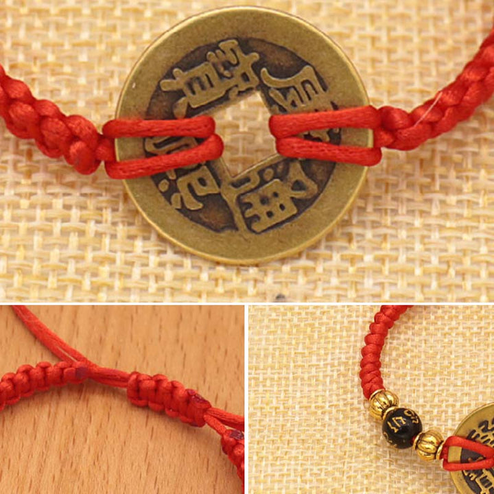 Bransoletka z czerwonego sznurka z miedzianymi monetami Buddha Stones