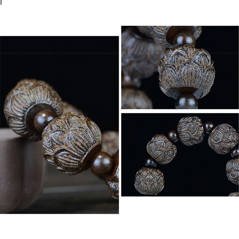 Buddha Stones Drewno Hebanowe Osiemnastu Arhatów Lotos Smok Grawerowana Bransoletka Równowagi