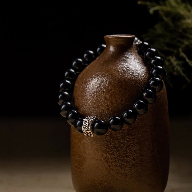 Chiński zodiak Natal Buddha 925 Srebro Sterling Czarny Obsydian Moonstone Bransoletka Siła