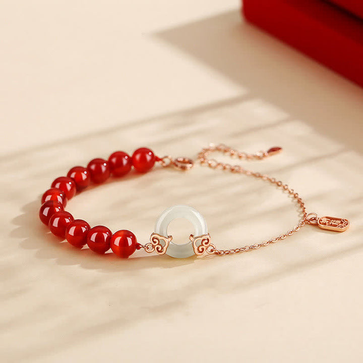 Buddha Stones 925 Sterling Silver Natural Red Agat White Jade Peace Buckle Confidence