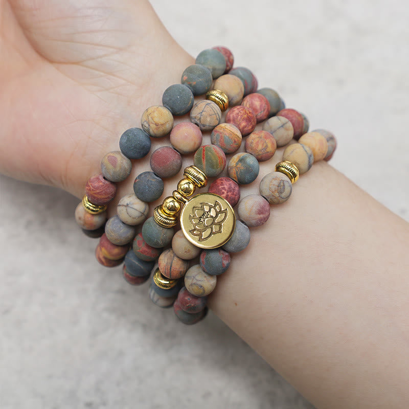 Buddha Stones 108 Mala Beads Picasso Jasper Stone Bransoletka Energetyczna Odwaga