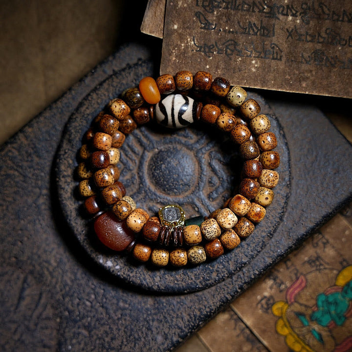 Buddha Stones Tybetańskie Nasiona Bodhi Bursztyn Dzi Koralik Agat Zakiram Bogini Bogactwa Koraliki Bransoletka Potrójnie Owijana