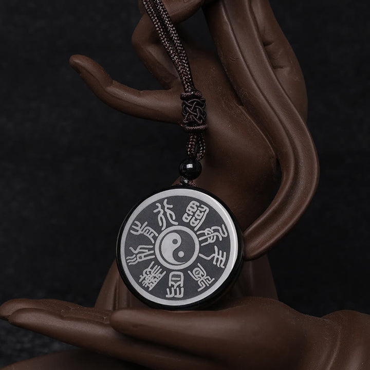 Buddha Stones Czarny Obsydian Taoizm Pięć Świętych Gór Dziewięcioznakowa Mantra Rzeźbiony Oczyszczający Naszyjnik Wisiorek Yin Yang - Taoistyczna mantra dziewięciu znaków i yin yang - image 9