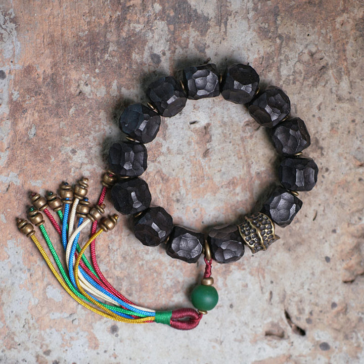 Buddha Stones Tybet Heban Drewno Miedź Pokój Tassel Bransoletka Mala Na Nadgarstek