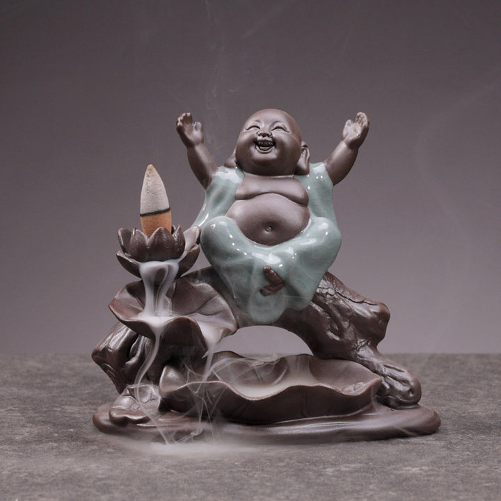 Buddha Stones Mały Mnich Ceramiczny Lotos Błogosławieństwo Kadzielnica Dekoracja