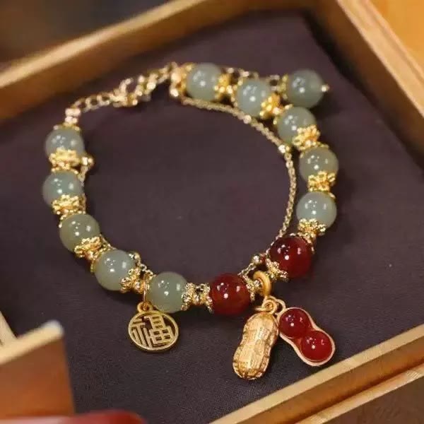 Buddha Stones Jade Liść Miłorząb Tulipan Orzeszek Fu Charakter Szczęścia Bransoletka Koralikowa