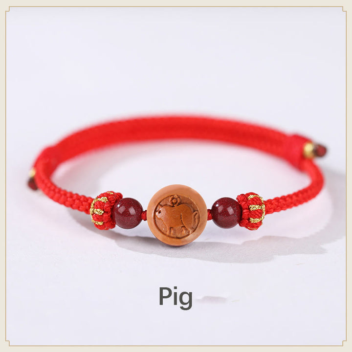 Buddha Stones Naturalne Drewno Brzoskwiniowe Chińskie Zodiak Fu Znak Rzeźbiony Cynober Bransoletka Bogactwa